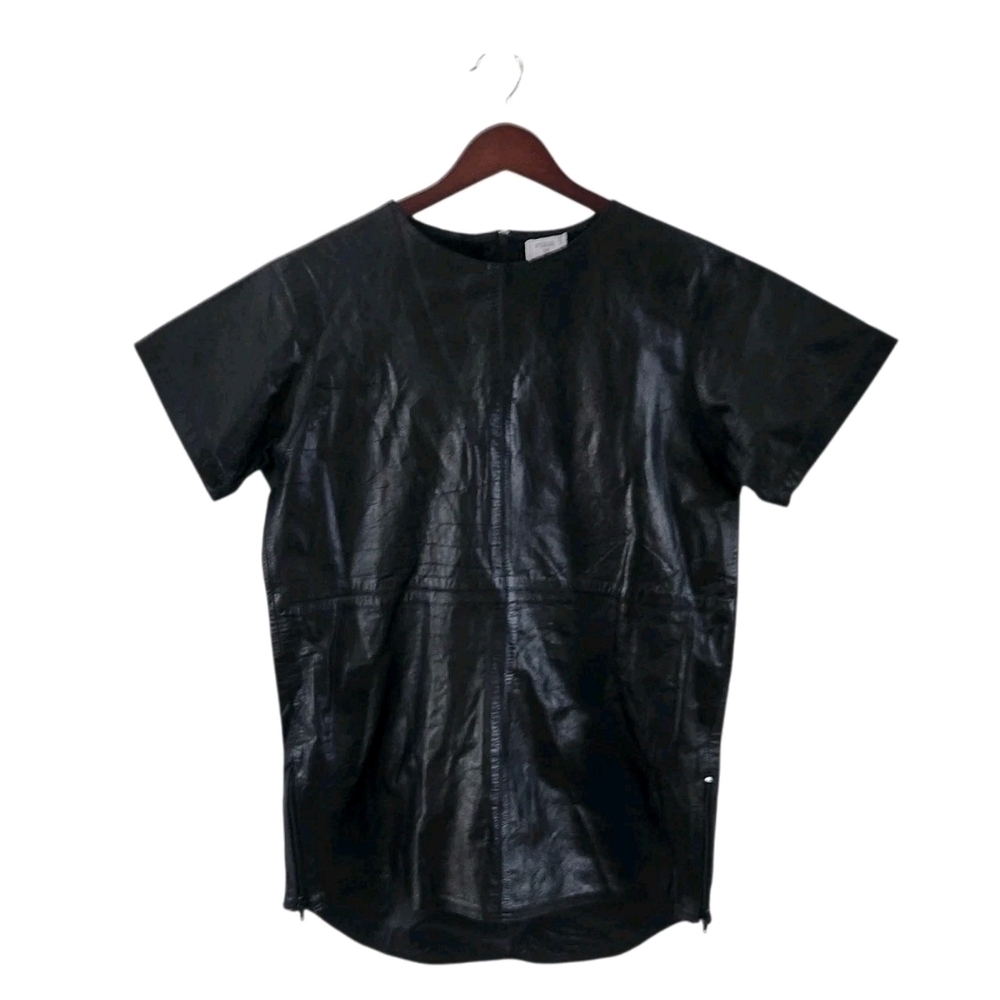 Iridium Leather Tunic Top Zipper Sides Short Sleeves Womens Size M